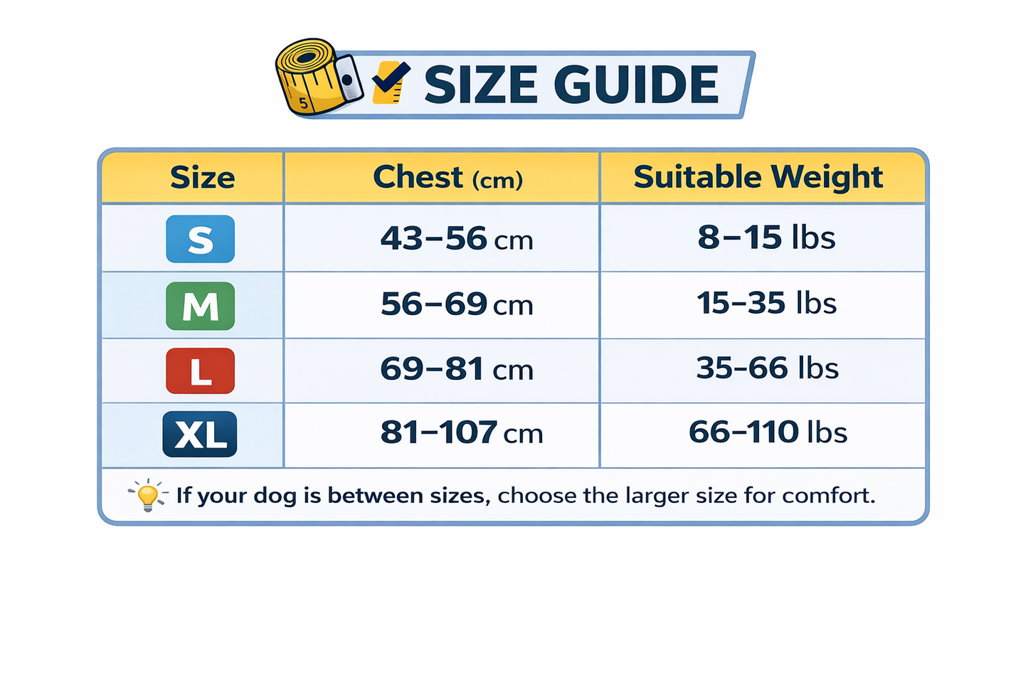 Size guide chart for dog clothing with chest measurements and suitable weight ranges.