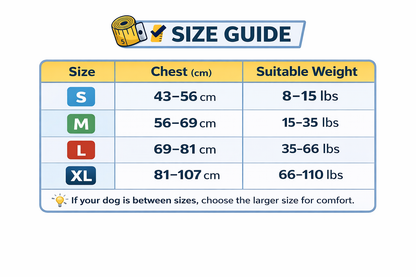 Size guide chart for dog clothing with chest measurements and suitable weight ranges.