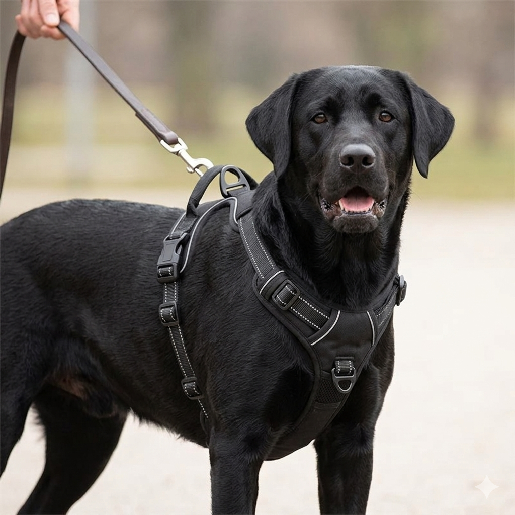 Black dog on a leash with a blurred natural background