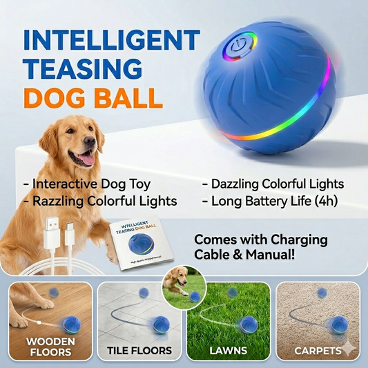 Intelligent Teasing Dog Ball with dog and product details on a light blue background