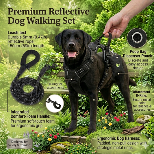 Dog walking set with harness, leash, and poop bag dispenser on a green outdoor background