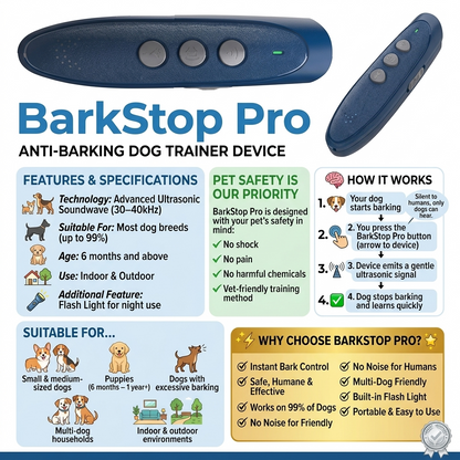 BarkStop Pro anti-barking dog trainer device with features and specifications 