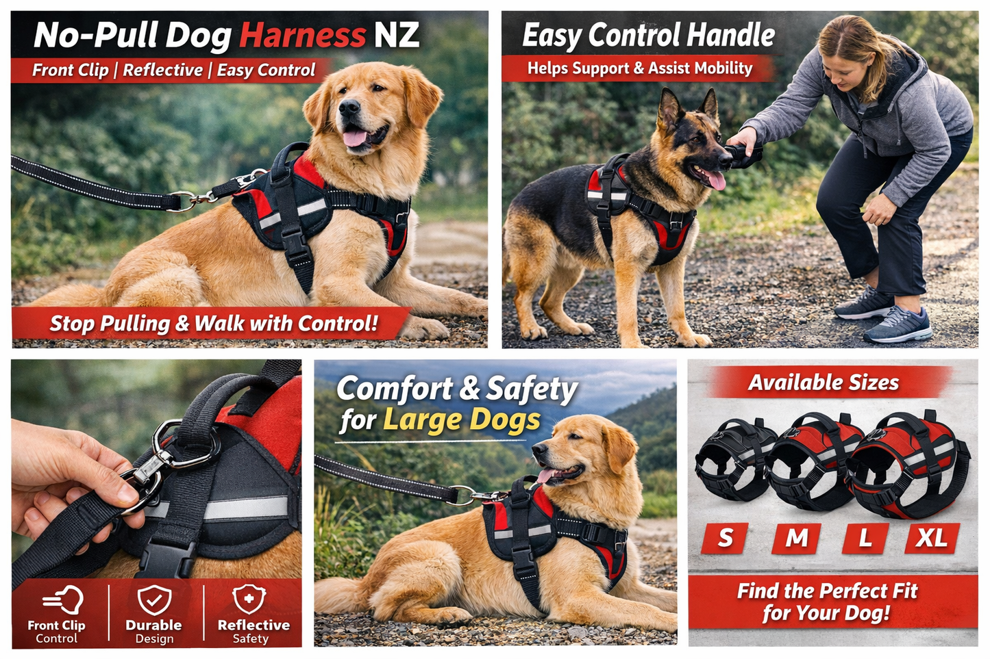 Dog harness advertisement with features and usage scenarios.