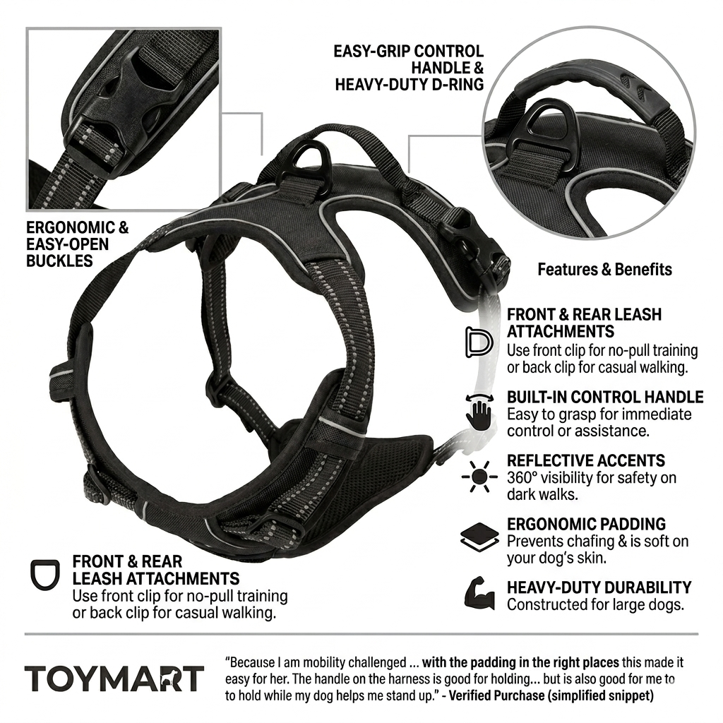 Dog harness with features and benefits highlighted, including text on durability and design.
