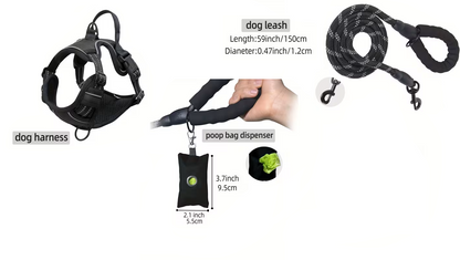 Dog harness, leash, and poop bag dispenser on a white background