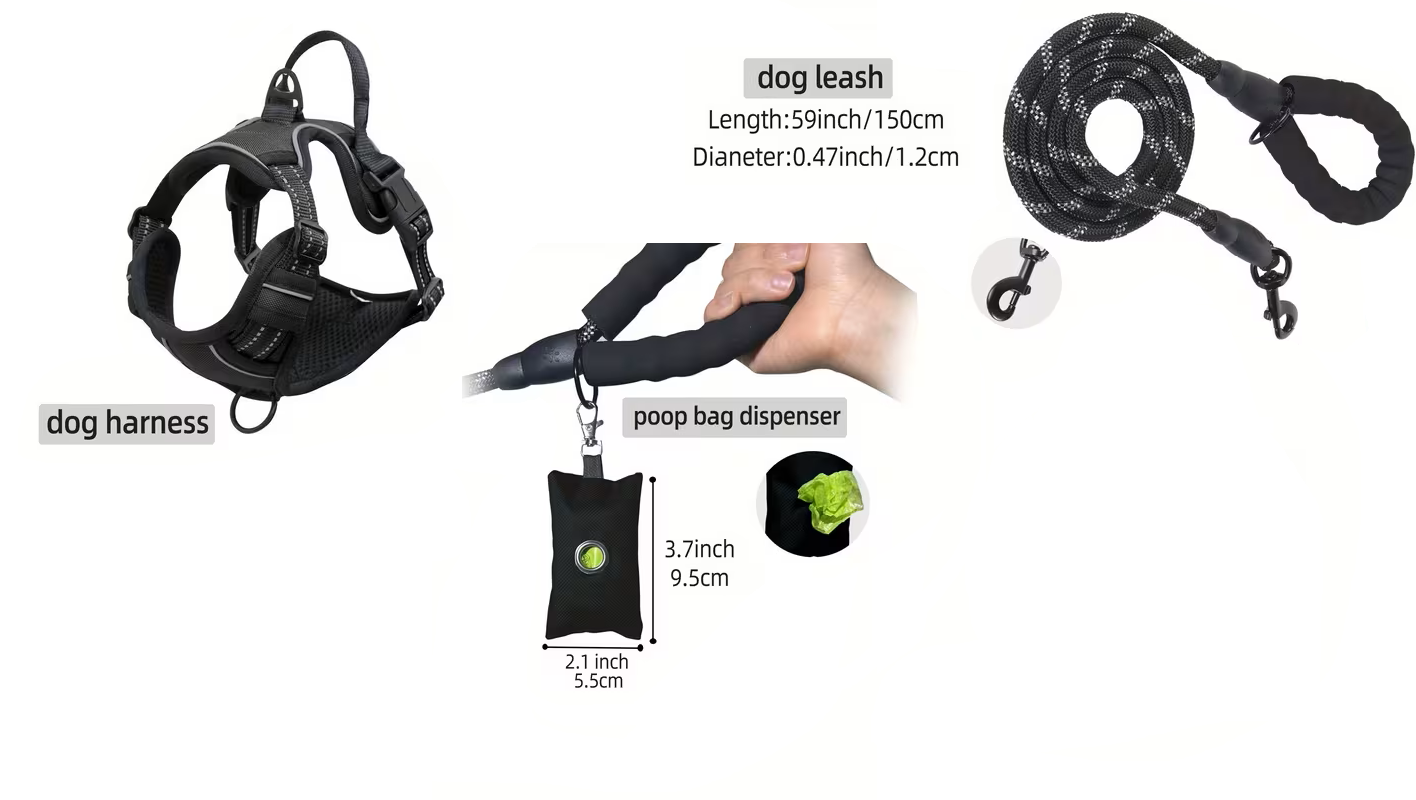 Dog harness, leash, and poop bag dispenser on a white background